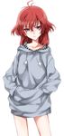  antenna_hair collarbone hands_in_pocket hood hoodie kakumeiki_valvrave light_frown no_pants red_hair renboukouji_akira simple_background solo striped tsukasa_kinako white_background 