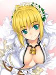  ahoge arms_behind_back bdsm belt blonde_hair bodysuit bondage bound breasts bridal_veil buckle center_opening chain fate/extra fate/extra_ccc fate_(series) flower gloves green_eyes head_wreath large_breasts lock namonashi navel nero_claudius_(bride)_(fate) nero_claudius_(fate)_(all) padlock solo unzipped veil zipper 