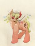  blonde_hair bow cutie_mark equine fangs female feral flandre_scarlet fur hair hat horse looking_at_viewer mammal mao-ookaneko my_little_pony pegasus plain_background ponification pony raised_hoof red_eyes red_fur side_bow side_ponytail sketch solo touhou wings 