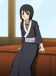  1girl black_eyes black_hair blush desk japanese_clothes kimono looking_at_viewer naruto obi sash shizune_(naruto) short_hair shueisha sitting smile solo sugurusato tak-u_(sugurusato) window 