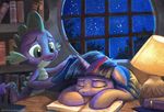  blanket book cat_eyes desk dragon duo equine eyes_closed fangs female feral friendship_is_magic green_eyes hair horn horse lamp male mammal multi-colored_hair my_little_pony night pony scalie shelf sleeping slit_pupils sophiecabra spike_(mlp) stars tess_garman tree twilight_sparkle_(mlp) unicorn window 