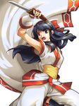  ainu_clothes armpits black_eyes black_hair bow fingerless_gloves gloves hair_ribbon hairband knife long_hair mystic9904 nakoruru open_mouth puffy_pants red_bow reverse_grip ribbon samurai_spirits sleeveless solo teeth white_background 