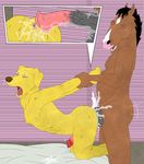  after_sex anal anal_penetration anus balls bojack_horseman canine cum cum_inside dog equine eyes_closed gay holding horse interspecies male mammal mr._peanutbutter orgasm penetration sex wildwulf 