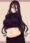  arms_behind_back belly blush breasts brown_background brown_eyes brown_hair c.cu hair_between_eyes large_breasts long_hair midriff mole mole_on_body navel original ribbed_sweater solo sweatdrop sweater turtleneck wavy_mouth 