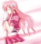  azumaya_hironaru closed_eyes gloves hairband hands_clasped jacket kyrie_florian long_hair lyrical_nanoha mahou_shoujo_lyrical_nanoha mahou_shoujo_lyrical_nanoha_a's mahou_shoujo_lyrical_nanoha_a's_portable:_the_gears_of_destiny own_hands_together pink_hair pleated_skirt skirt solo 