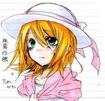  blonde_hair blush face green_eyes hat kagamine_rin lowres sakura_yuki_(clochette) short_hair shuujin/kami_hikouki_(vocaloid) solo traditional_media upper_body vocaloid 