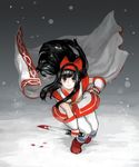  bad_id bad_pixiv_id black_eyes black_hair blood bow fingerless_gloves gloves hair_ribbon hairband hollaxxm knife long_hair nakoruru pants red_bow reverse_grip ribbon samurai_spirits sleeveless snow snowing solo 