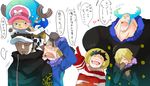  &gt;_&lt; 6+boys :d black_hair blonde_hair blue_hair coat doctor eyes_closed franky fur_trim gloves hair_over_one_eye hat laughing male male_focus monkey_d_luffy multiple_boys one_piece open_mouth pointing punk_hazard rope sanji smile sweetroad tony_tony_chopper trafalgar_law translation_request tying usopp x_(symbol) 