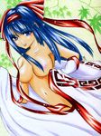  ainu_clothes bare_shoulders blue_eyes blue_hair blush bow breasts gloves hair_ribbon hairband long_hair medium_breasts nakoruru navel nipples red_bow ribbon samurai_spirits smile solo takao_sasaki_904 traditional_media undressing 