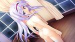  16:9 1girl amane_neon areolae ass back breasts curtains game_cg guardian_place guardian_place:_do_s_na_imouto_to_3-nin_no_yome highres legs long_hair looking_back night nipples nude purple_eyes purple_hair solo standing sweat thighs tsurugi_hagane window wooden_floor 