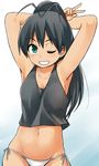  antenna_hair armpits arms_up black_legwear breasts cleavage dark_skin ganaha_hibiki green_eyes highres idolmaster idolmaster_(classic) looking_at_viewer medium_breasts morino_harifu navel panties ponytail side-tie_panties smile solo tank_top underwear v white_panties 