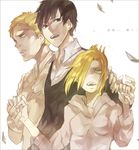  2boys annie_leonhardt bertolt_hoover blonde_hair brown_hair folded_ponytail green_eyes holding_hands long_hair momomosae multiple_boys reiner_braun shingeki_no_kyojin short_hair translated yellow_eyes 