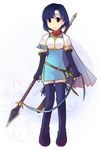  armor armored_dress blue_hair boots dark_blue_hair fire_emblem fire_emblem:_monshou_no_nazo fire_emblem:_shin_ankoku_ryuu_to_hikari_no_tsurugi headband highres katua kona_nanamu pegasus_knight polearm sheath short_hair side_slit smile solo spear sword thigh_boots thighhighs weapon 