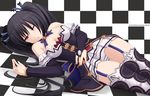  bare_shoulders black_hair boots breasts checkered checkered_background cleavage collarbone detached_collar detached_sleeves dress garter_straps highres kazenokaze looking_at_viewer lying medium_breasts neptune_(series) noire on_side panties pantyshot pantyshot_(lying) red_eyes skirt strapless strapless_dress striped striped_panties thigh_boots thighhighs twintails underwear white_panties 