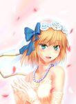  absurdres bad_id bad_pixiv_id blonde_hair bridal_veil dress elbow_gloves gloves green_eyes hair_ribbon hands_together highres jewelry mizuhashi_parsee necklace open_mouth pearl_necklace petals ribbon short_hair smile solo touhou veil wedding_dress white_gloves yonaga_(masa07240) 