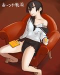  black_eyes black_hair caloriemate competition_swimsuit couch lvi one-piece_swimsuit original school_uniform serafuku short_hair sitting solo swimsuit swimsuit_under_clothes translation_request 