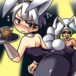  alternate_costume animal_ears aqua_hair aruse_yuushi ass bare_shoulders bent_over black_hair blush breasts bunny_ears bunny_girl bunny_tail bunnysuit cerebella_(skullgirls) cleavage commentary_request dark_skin detached_collar drink eyeshadow fake_animal_ears feng_(skullgirls) fishnet_pantyhose fishnets glass hat large_breasts living_clothes makeup multicolored_hair multiple_girls pantyhose purple_eyes short_hair skullgirls strapless sunglasses sweatdrop tail thumbs_up tray two-tone_hair vice-versa_(skullgirls) waitress white_hair 