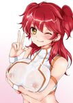  ;q arm_strap blush breast_hold breasts cum cum_on_body cum_on_breasts cum_on_hair cum_on_upper_body earrings facial freckles gundam gundam_00 jewelry large_breasts long_hair midriff navel nena_trinity nipples one_eye_closed plum_(arch) red_hair see-through simple_background smile solo tongue tongue_out two_side_up upper_body v wristband yellow_eyes 