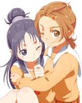  azuma_yukihiko brown_eyes brown_hair couple futari_wa_precure_splash_star half_updo highres hug hyuuga_saki long_hair mishou_mai multiple_girls one_eye_closed precure purple_eyes purple_hair school_uniform short_hair simple_background smile very_short_hair white_background yuri yuunagi_middle_school_uniform 