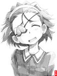  :d ^_^ closed_eyes eyepatch girls_und_panzer gofu greyscale hair_pulled_back hairband military military_uniform momogaa monochrome ooarai_military_uniform open_mouth short_hair sketch smile solo spot_color traditional_media uniform 