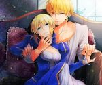  blue_eyes chair fate/stay_night gilgamesh pillow red_eyes saber yellow_hair 