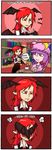  4koma bat_wings blush comic commentary covering_face embarrassed finnish head_wings koakuma multiple_girls patchouli_knowledge pointy_ears purple_eyes purple_hair red_eyes red_hair setz slit_pupils spoken_blush touhou translated wings 
