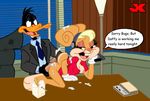  breasts clothing cum cum_on_back cumshot daffy_duck desk duo erection female from_behind hair humanoid_penis interspecies jk lola_bunny looney_tunes male nipples orgasm penis space_jam straight suit the_looney_tunes_show toony warner_brothers 