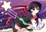  arm_grab asymmetrical_wings black_hair bow dress flying gradient gradient_background houjuu_nue index_finger_raised legs_up light_particles light_trail looking_at_viewer mary_janes nekosugi_(hoshi) polearm red_eyes shoes short_hair smile snake solo star thighhighs touhou trident weapon wings wrist_cuffs zettai_ryouiki 