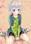  androgynous bad_id bad_pixiv_id bike_shorts blue_eyes blush jacket mitsu_king shirt shoes silver_hair sitting sneakers totsuka_saika track_jacket v_arms wariza wet wet_clothes yahari_ore_no_seishun_lovecome_wa_machigatteiru. 