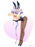  animal_ears back-seamed_legwear blue_hair bow bowtie breasts bunny_ears bunny_tail bunnysuit cleavage detached_collar heterochromia high_heels large_breasts lavolpe_(yagisaka_seto) long_hair long_legs original pantyhose seamed_legwear shoes solo tail tiptoes wrist_cuffs yagisaka_seto 