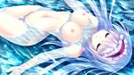  16:9 1girl amane_neon areolae breasts eyes_closed game_cg guardian_place guardian_place:_do_s_na_imouto_to_3-nin_no_yome highres hips legs long_hair lying navel nipples nude purple_hair river smile solo swimming thighs tsurugi_hagane water 