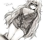  :&lt; blush breasts cardigan fate/extra fate/extra_ccc fate_(series) glasses jinako_carigiri kneeling large_breasts long_hair looking_at_viewer messy_hair monochrome naked_cardigan naked_sweater sketch solo sweater utsugi_(skydream) very_long_hair 