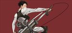  belt black_hair drawing_sword juer1004 levi_(shingeki_no_kyojin) male_focus sheath shingeki_no_kyojin solo sword thigh_strap three-dimensional_maneuver_gear unsheathing weapon wire 
