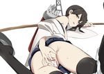  arrow black_hair blush bow_(weapon) breasts cum cum_in_pussy kaga_(kantai_collection) kantai_collection large_breasts looking_back ningen_(ningen96) nipples off_shoulder panties pussy quiver short_hair solo spread_legs spread_pussy sweat thighhighs underwear weapon 