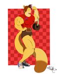  anthro biceps big_muscles brown_fur brown_hair clothing feline female fur hair hyper hyper_muscles lion looking_at_viewer mammal muscles muscular_female pose shoes signature simple_background sleuth solo weights 