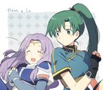  :d ^_^ bad_id bad_pixiv_id blush blush_stickers breastplate circlet closed_eyes fingerless_gloves fire_emblem fire_emblem:_rekka_no_ken florina gloves green_eyes green_hair hekino_(aoruri) lyndis_(fire_emblem) multiple_girls open_mouth ponytail purple_hair shoulder-to-shoulder smile 