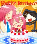  2girls animal_ears animal_hood anniversary birthday birthday_cake blazblue cake candle cat cat_ears cat_hood closed_eyes english eyepatch family fang father_and_daughter food happy_birthday hood jubei_(blazblue) kokonoe konoe_a_mercury long_hair mother_and_daughter multiple_girls necktie open_mouth pink_hair smile tsuruhashi younger 
