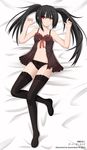  babydoll bed bed_sheet black_hair black_legwear black_panties blush breasts dakimakura date_a_live drooling from_above full_body heterochromia highres kazenokaze legs long_legs looking_at_viewer lying medium_breasts on_back on_bed on_stomach panties red_eyes saliva solo spider_web_print thighhighs tokisaki_kurumi twintails underboob underwear yellow_eyes 