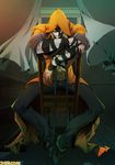  arc_system_works blazblue blazblue:_chrono_phantasma blazblue:_chronophantasma chair evil_grin evil_smile grin hazama hood hoodie sitting sitting_backwards smile yuuki_terumi 