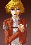  armin_arlert bad_id bad_pixiv_id blonde_hair blue_eyes emblem eyebrows eyebrows_visible_through_hair jacket male_focus military military_uniform open_mouth paradis_military_uniform salute shingeki_no_kyojin shouting simple_background solo sweatdrop training_corps_(emblem) uniform upper_body yoshitaro_(almendra) 