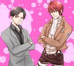  akashi_seijuurou ascot bad_id bad_pixiv_id black_hair boots cosplay costume_switch crossed_arms crossover emblem formal heterochromia jacket kamiya_hiroshi kuroko_no_basuke levi_(shingeki_no_kyojin) levi_(shingeki_no_kyojin)_(cosplay) male_focus multiple_boys necktie paradis_military_uniform red_eyes red_hair seiyuu_connection shingeki_no_kyojin suit survey_corps_(emblem) three-dimensional_maneuver_gear watashigirlgggg yellow_eyes 