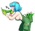  bandaid_on_arm bangs bare_shoulders blue_eyes blue_hair blunt_bangs blush bow breasts commentary_request cucumber eating erect_nipples food from_side gloves green_gloves green_overalls hair_bow hand_on_own_chin holding holding_food kawashiro_nitori large_breasts leaning_forward long_hair naked_overalls overalls pocket short_eyebrows short_hair sideboob simple_background solo thick_eyebrows touhou white_background wrench yonaki 