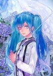  blue_eyes blue_hair choker flower hatsune_miku highres hydrangea long_hair md5_mismatch solo tcb twintails umbrella vocaloid 