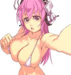  bikini breasts cleavage headphones large_breasts long_hair looking_at_viewer navel nitroplus outstretched_arm pink_hair purple_eyes simple_background solo strap_pull super_sonico swimsuit upper_body white_background yuuji_(and) 