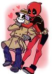  2boys belt character_request crossover dc_comics deadpool fedora gloves hat heart highres hug hug_from_behind jacket male male_focus marvel mask multiple_boys rorschach trench_coat watchmen 