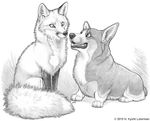 ambiguous_gender brett canine corgi dog drawing duo erin feral fox greyscale kyoht mammal monochrome open_mouth plain_background smile stare teeth tongue tongue_out traditional_media 