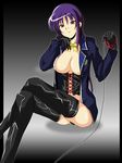  1girl bdsm blazer bow bowtie breasts corset dominatrix female femdom gloves latex leash legs_crossed on_floor ookura_miyako open_blazer open_clothes purple_hair red_hair school_uniform sitting smile solo tawake thighhighs thighs tokimeki_memorial tokimeki_memorial_4 