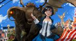  bioshock bioshock_infinite black_hair blue_eyes breasts burning choker cleavage cloud corset cropped_jacket dress elizabeth_(bioshock_infinite) embers fire flag glowing glowing_eyes medium_breasts open_mouth robot shimadoriru short_hair sky songbird_(bioshock_infinite) statue thimble 