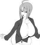 1girl breasts cleavage hidarikiki huge_breasts monochrome original short_hair solo thighhighs 
