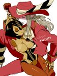  1girl artist_request breasts cravat hat hat_feather instrument jacket long_hair medium_breasts muse_(skullgirls) no_arms no_mouth personification pointy_ears red_eyes silver_hair skullgirls taliesin_(skullgirls) 